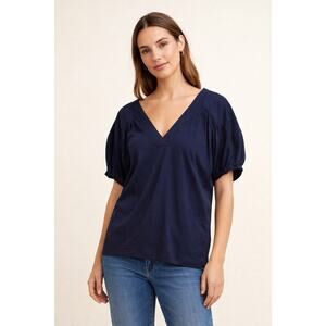 Banana Republic Navy V Neck Puff Sleeve Blouse XS Cotton Modal Soft Top